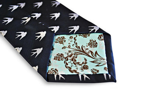 navy tie with swallow bird silhouette design